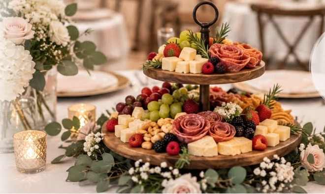 Constellation Centerpieces tiered charcuterie board with roses