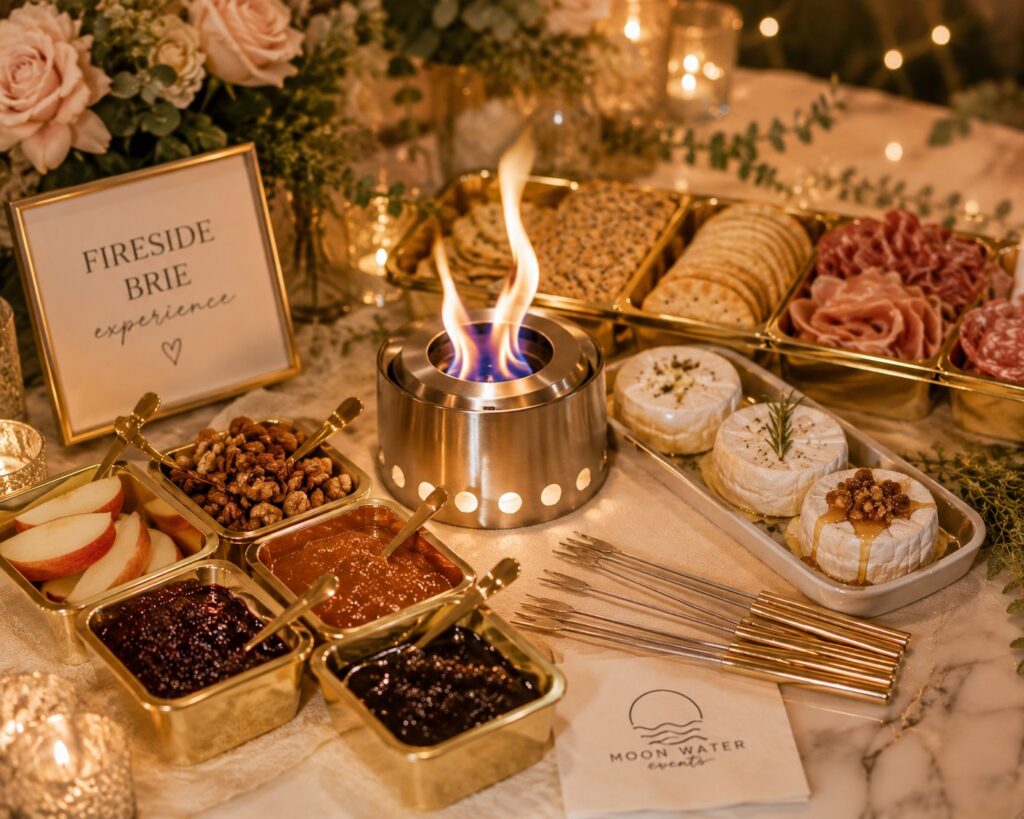Fireside Brie Experience toppings and baked brie wheels